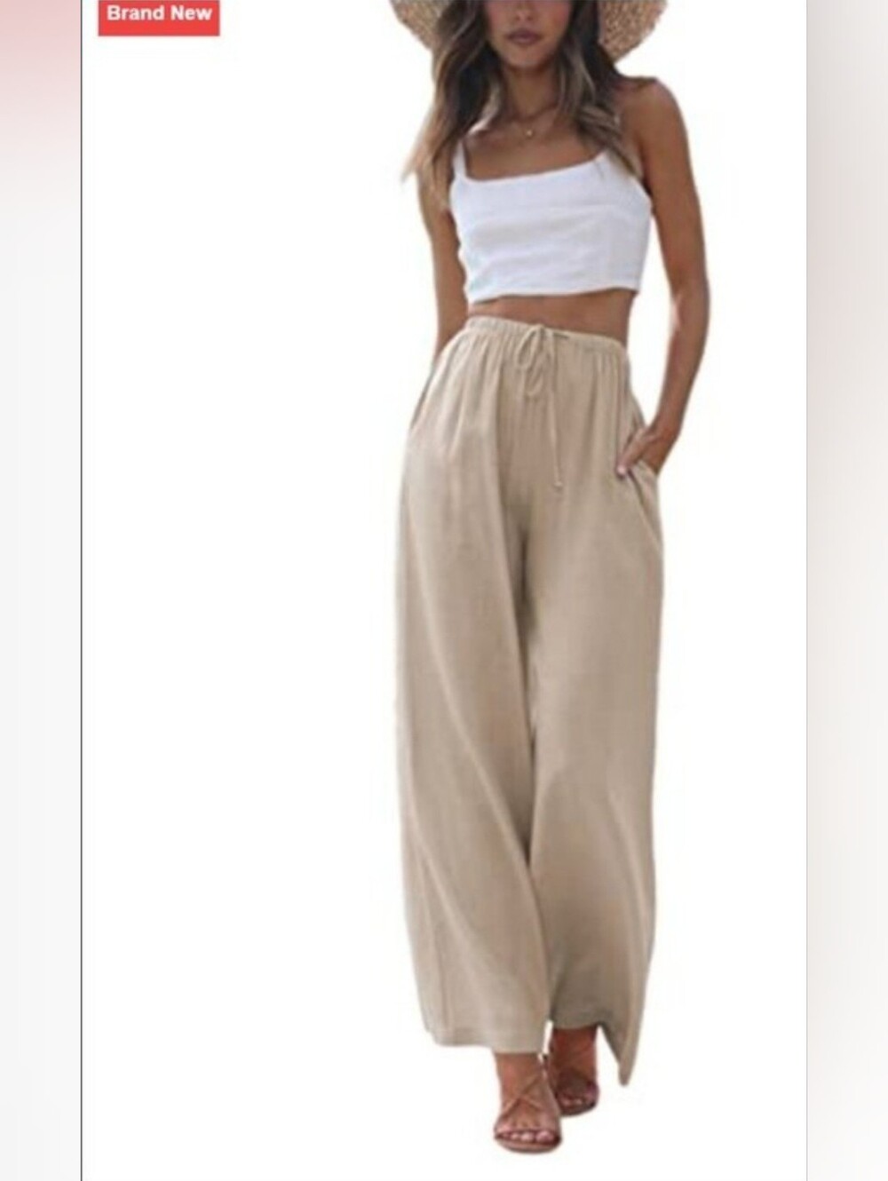 Faleave Cotton Linen Palazzo Pants Wide Leg Flowy Beach Trousers with Pockets. M